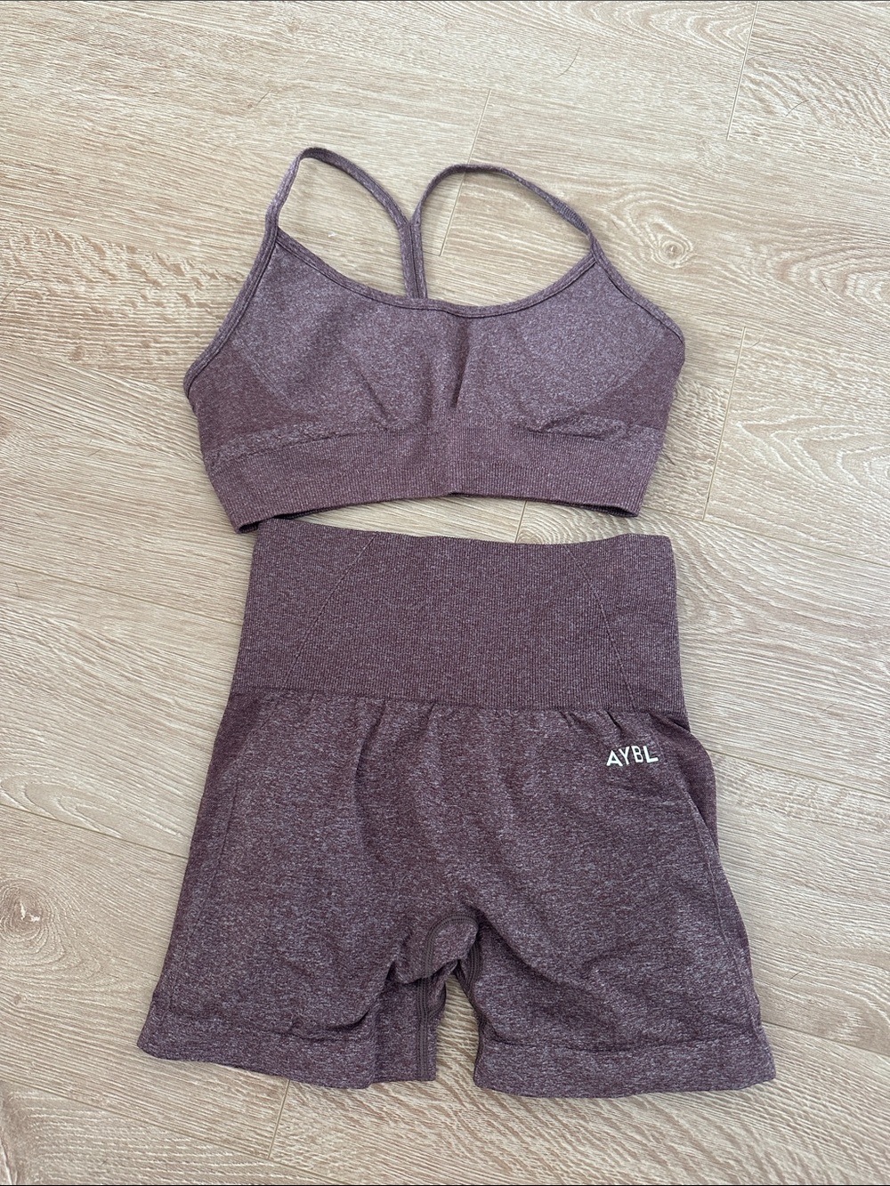 AYBL Seamless Strappy Sports Bra and High-Waist Shorts Set - Brown Heather